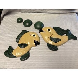 Vintage 1960s Miller Studio Chalkware Fish and Bubbles Green Tan Retro 5 pc set